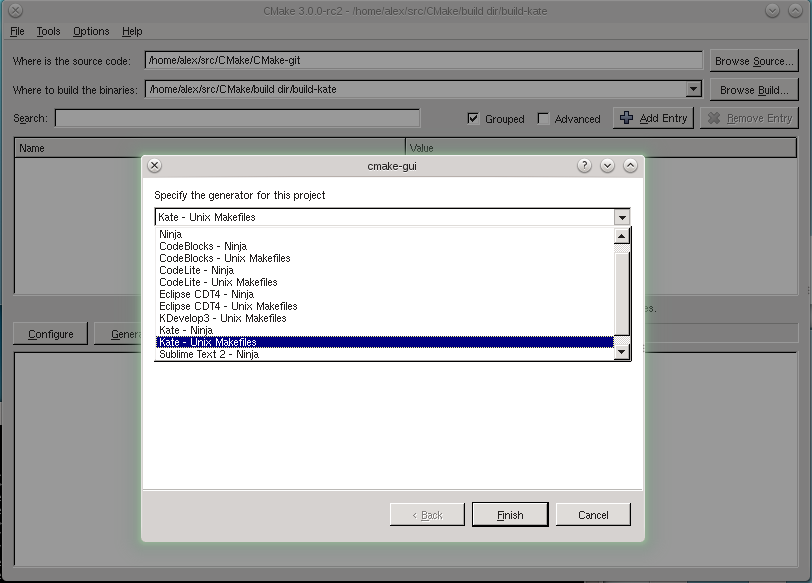 Running cmake-gui on the CMake sources, showing the available generators
