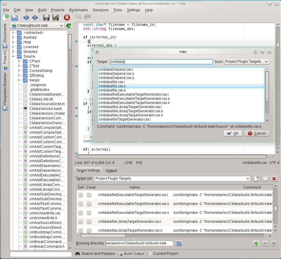 Kate showing a full project for CMake itself