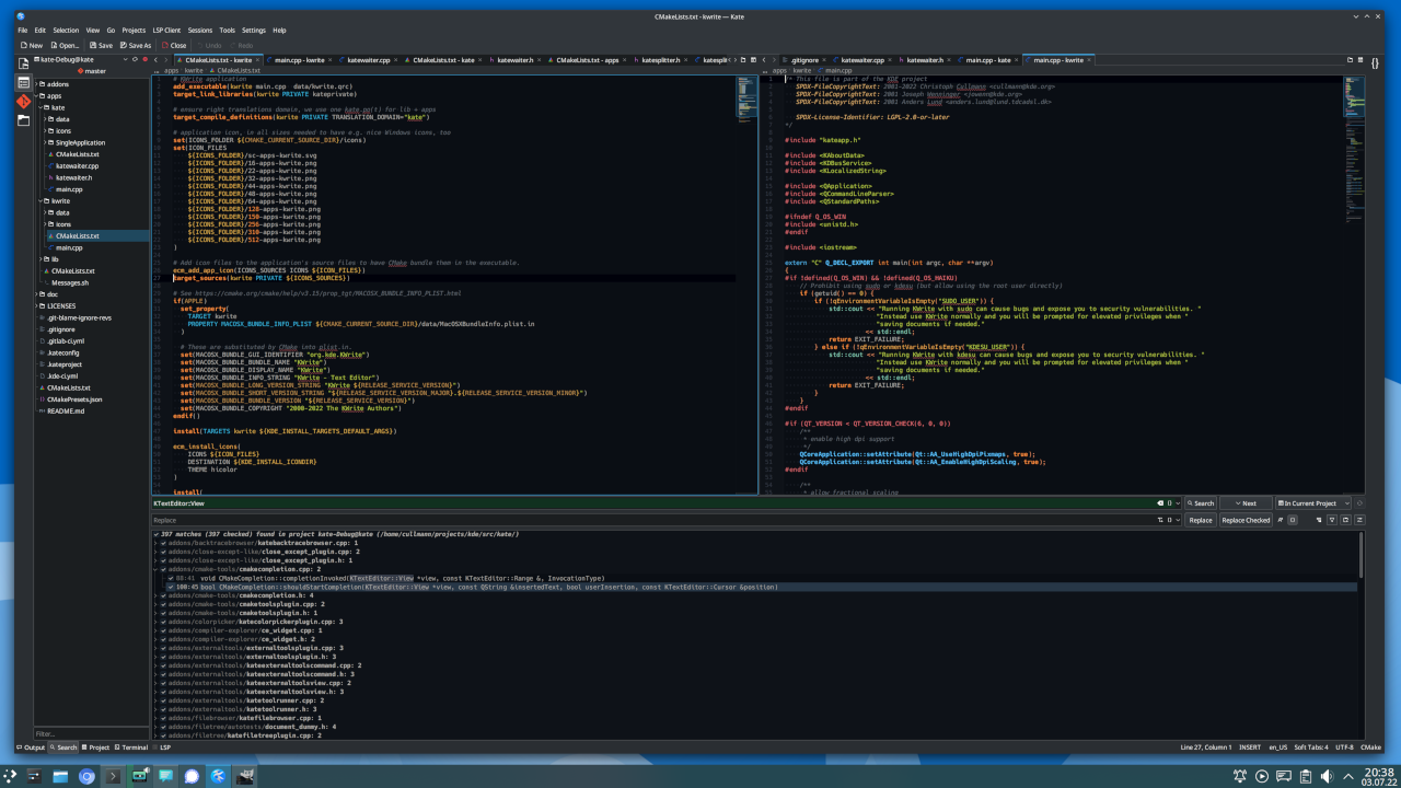 Captura de pantalla que muestra la funcionalidad de división de pantalla de Kate y el complemento de terminal