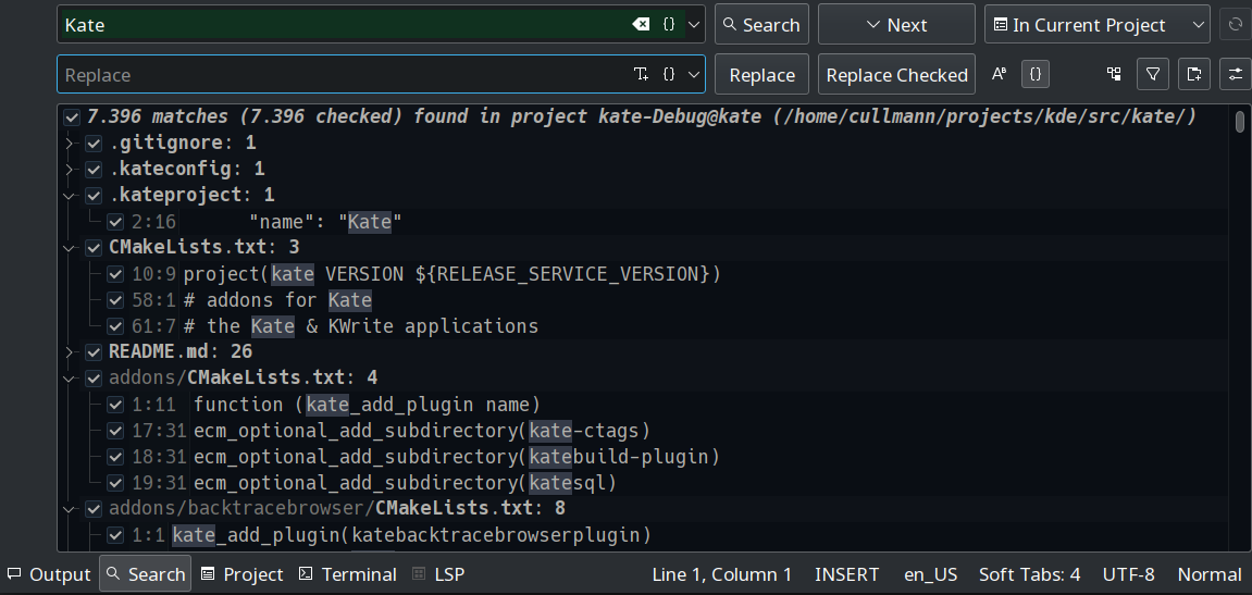 Screenshot of Kate search and replace tool