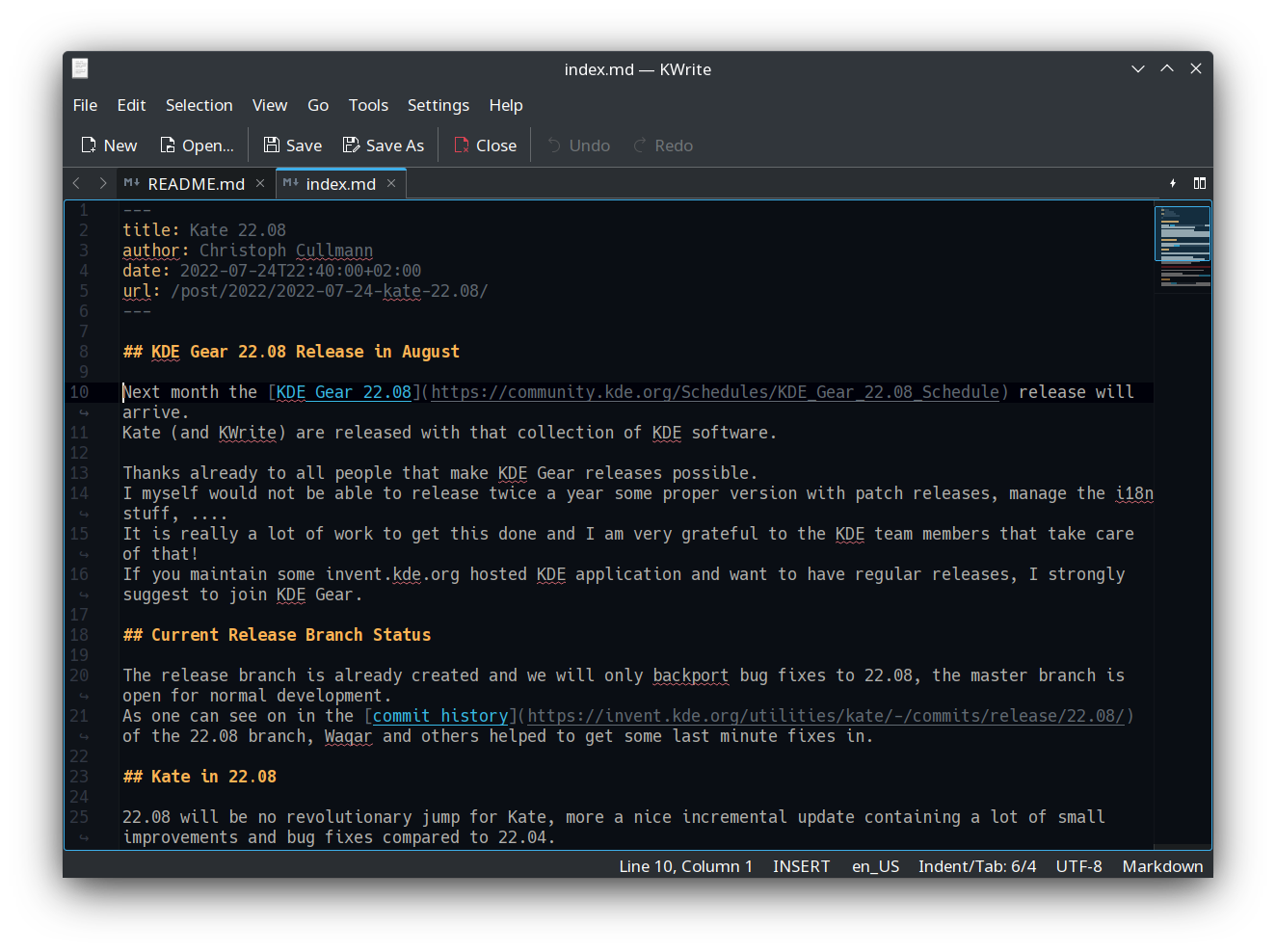 Screenshot showing KWrite 22.08 with tabs
